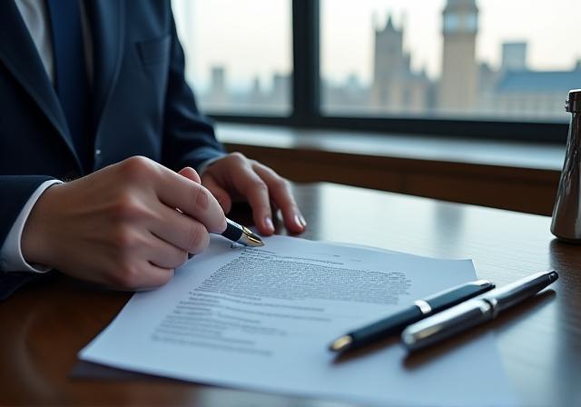 Lawyer reviewing digital contracts in a modern London office