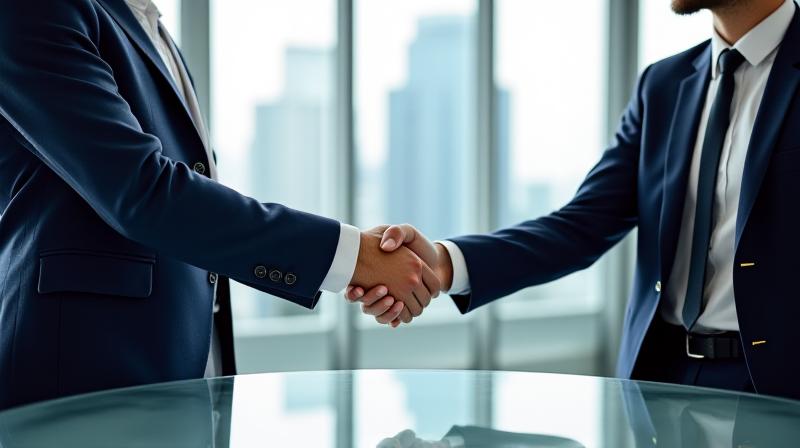 Two business professionals shaking hands after a legal negotiation