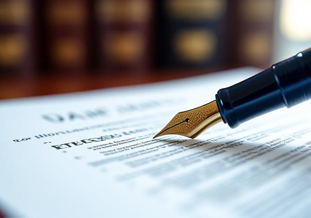 Close-up of a fountain pen on top of a legal contract with leather-bound law books in the background